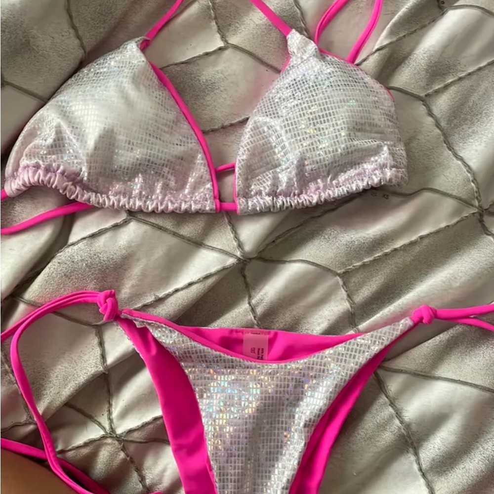 SHEIN White Sequin & Hot Pink String Bikini